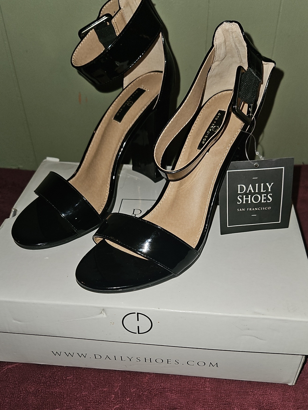 Black Patent Ankle-Strap Block Heel Sandals